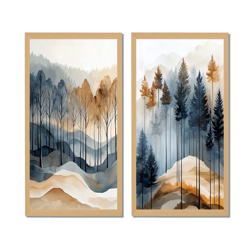 Ambre Brume Boisée I - Ensemble de 2 grandes décorations murales Forêt, 40" H x 40" W, Natural Picture Framed