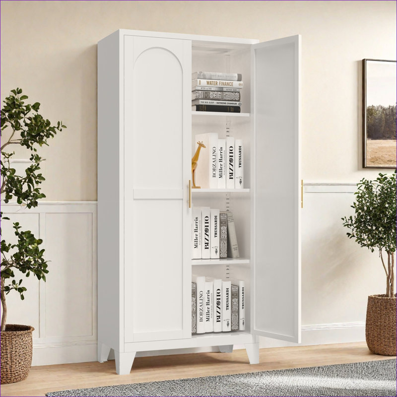 Armoires | Armoire de rangement 61 pouces à 2 portes en acier avec tablettes réglables, blanc neige moderne, pour bureau | Moderne | Chambre à coucher