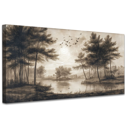 Vintage Landscape Wall Art, Sepia Landscape Canvas Painting, Nature-Inspired Rustic Wall Decor for Living Room or Bedroom, Gallery Wrapped Artwork, Ready to Hang, 24x47 Inches