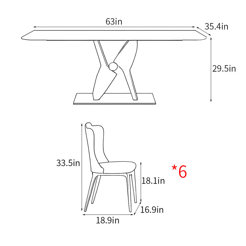 Ensemble de table de salle à manger rectangulaire de luxe de style italien, H 29,5 po x L 63 po x l 35,4 po