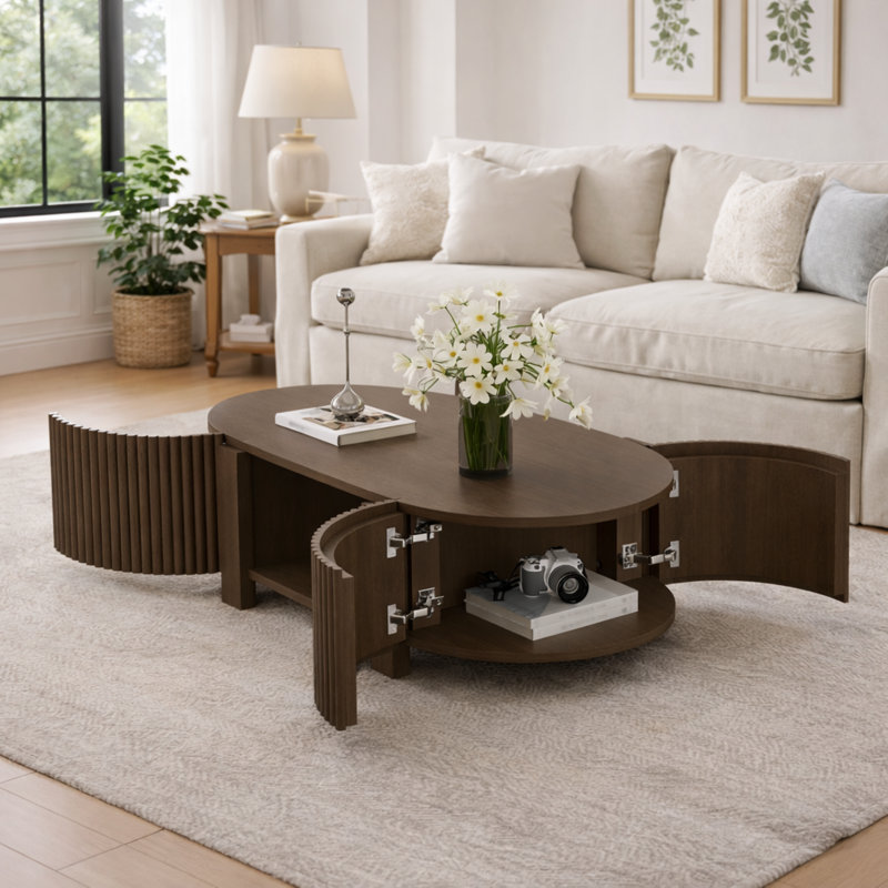 47" Fluted Oval Rubber Solid Wood Coffee Table with 1 shelf & 2 Open Storage Doors, Walnut