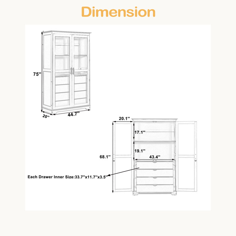 Armoire de cuisine, armoire de rangement autoportante avec portes en verre et 4 tiroirs intégrés pour le salon, Blanc
