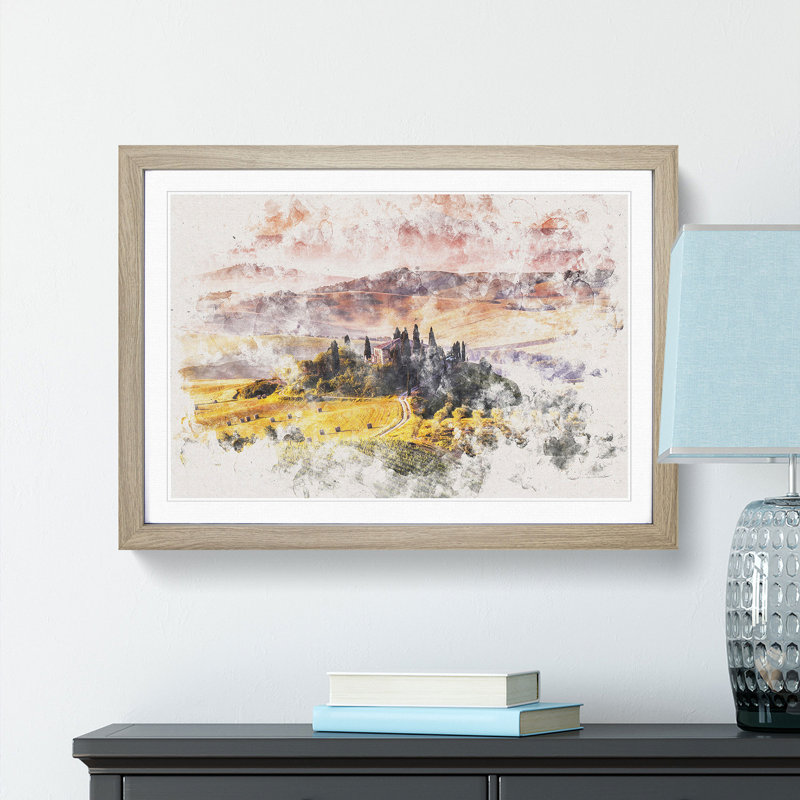 View Over Tuscany In Italy Watercolour - Framed Print, 35cm H x 50cm W x 2cm D, Oak