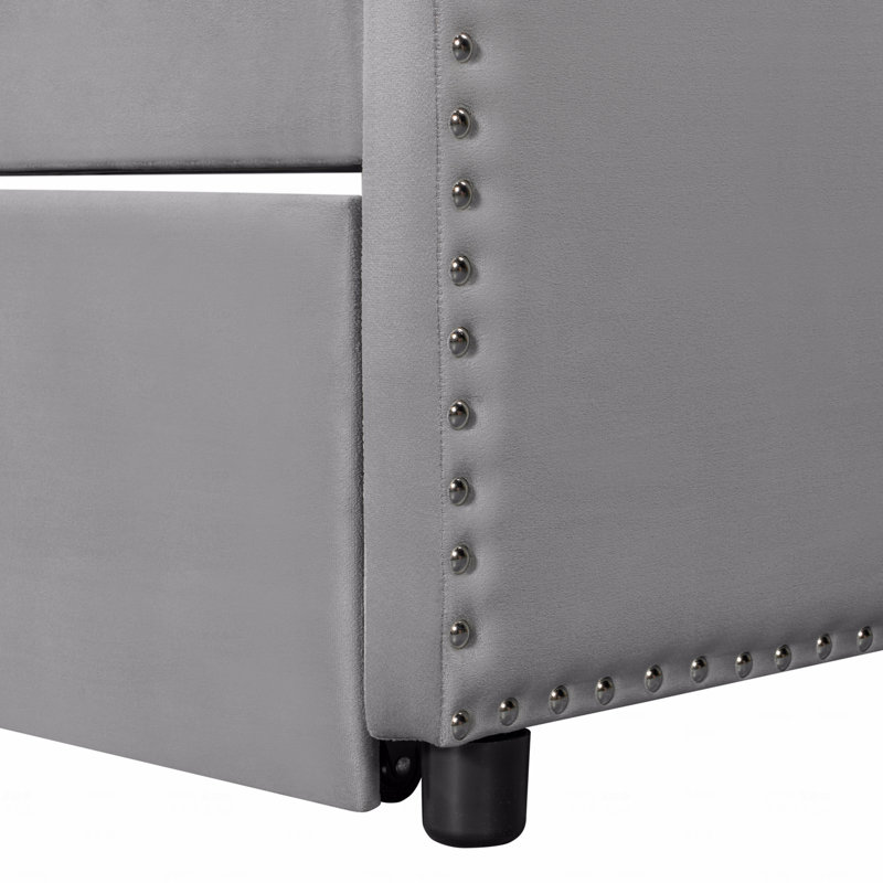 Twin Size Velvet Upholstered Design Daybed Frame With Pop Up Trundle, Gray