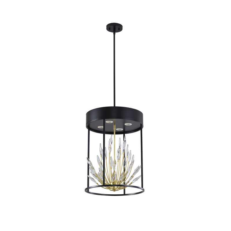 Luminaire suspendu 4 lumières noir mat avec branches dorées et cristaux transparents