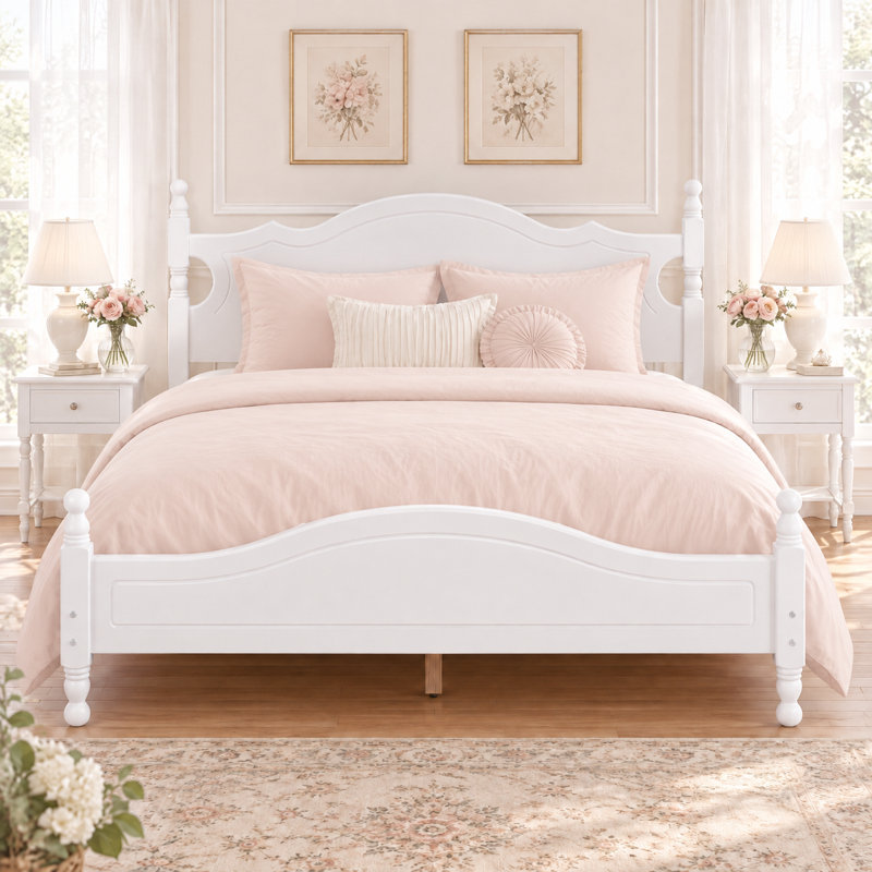 Cadre de lit plateforme en bois grand format, lit plateforme de style rétro avec support en lattes de bois, blanc, Grand lit