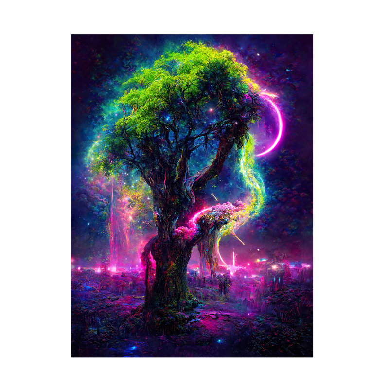 Art mural sur toile tendue - «Neon Oak Tree» de Wumples pour décor de salon, de chambre à coucher ou de bureau - 35 x 47