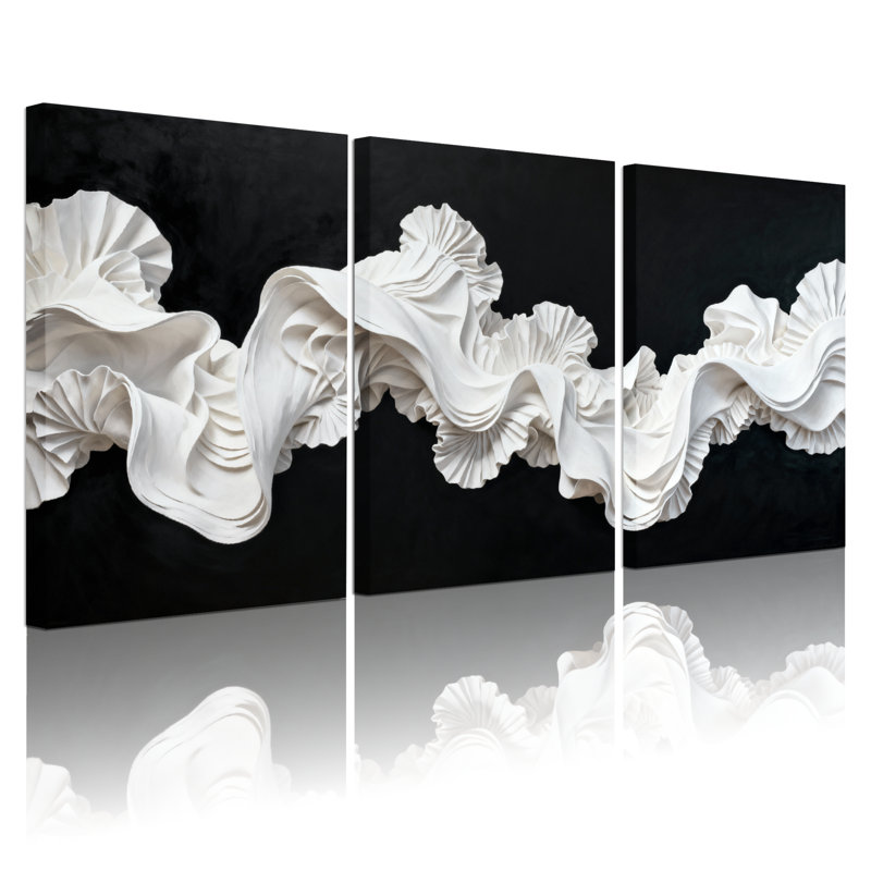 Abstrait blanc sculptural vagues sur fond noir, ensemble de 3 impressions d'art sur toile, H 18 po x l 36 po