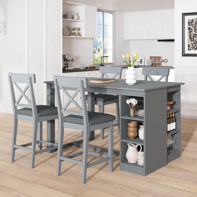 Ensemble de table de salle à manger à hauteur de comptoir en bois massif 60 po x l 30 po avec tablettes de rangement à 3 niveaux et chaises rembourrées pour 4, 5 pièces