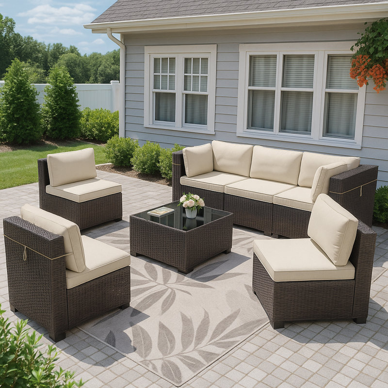 Ensemble de conversation modulaire pour patio en osier 6 personnes avec coussins, Brun clair