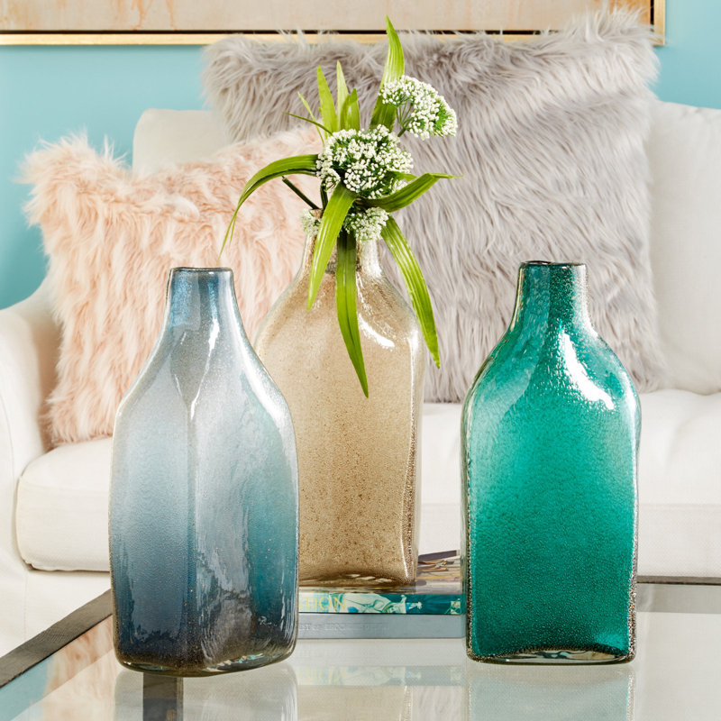 3 Piece Green/Moss/Peach Glass Table Vase Set, 14.75" H x 6.65" W x 4.65" D