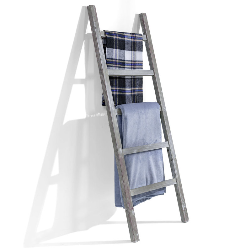 54-Inch Whitewashed Wood Blanket Ladder – Fully Assembled 5-Tier Wall-Leaning Towel Rack for Living Room or Bathroom