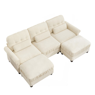 Chenille 3‑Seater with 2 Ottomans U‑Shape Modular Sectional Sofa, Ruffled‑Edge Seat Cushion, Rolled Arms & Lumbar Support Pillows, Cozy Deep Seating for Living Room Family Space