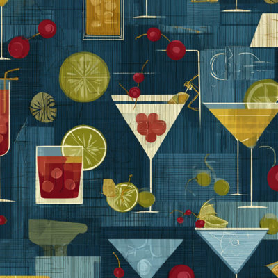 Papier à peler et coller papier contact rétro années 1950 Mid-Century Atomic Cocktail Martini verres à cocktail auto-adhésifs et amovibles 24 po x 118 po (60 x 300 cm)