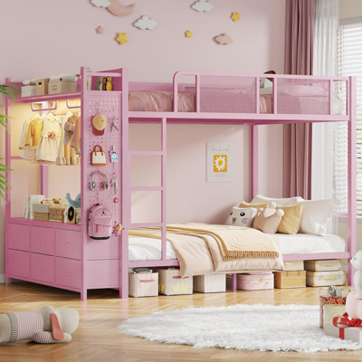 Metal Bunk Bed Full Over Full With Hall Tree, Power Outlet, Led Bunk Bed