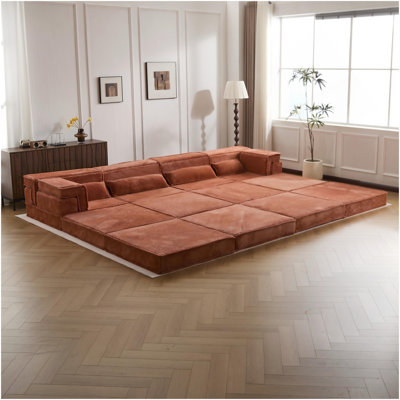 Compression Mahjong Sofa,Convertible Floor Sofa Bed,DIY Boneless Modular Sectional Sofa,No Assembly Required,Circle Fleece Fabric,Oversized 4 Seater With 2 Ottoman,Orange