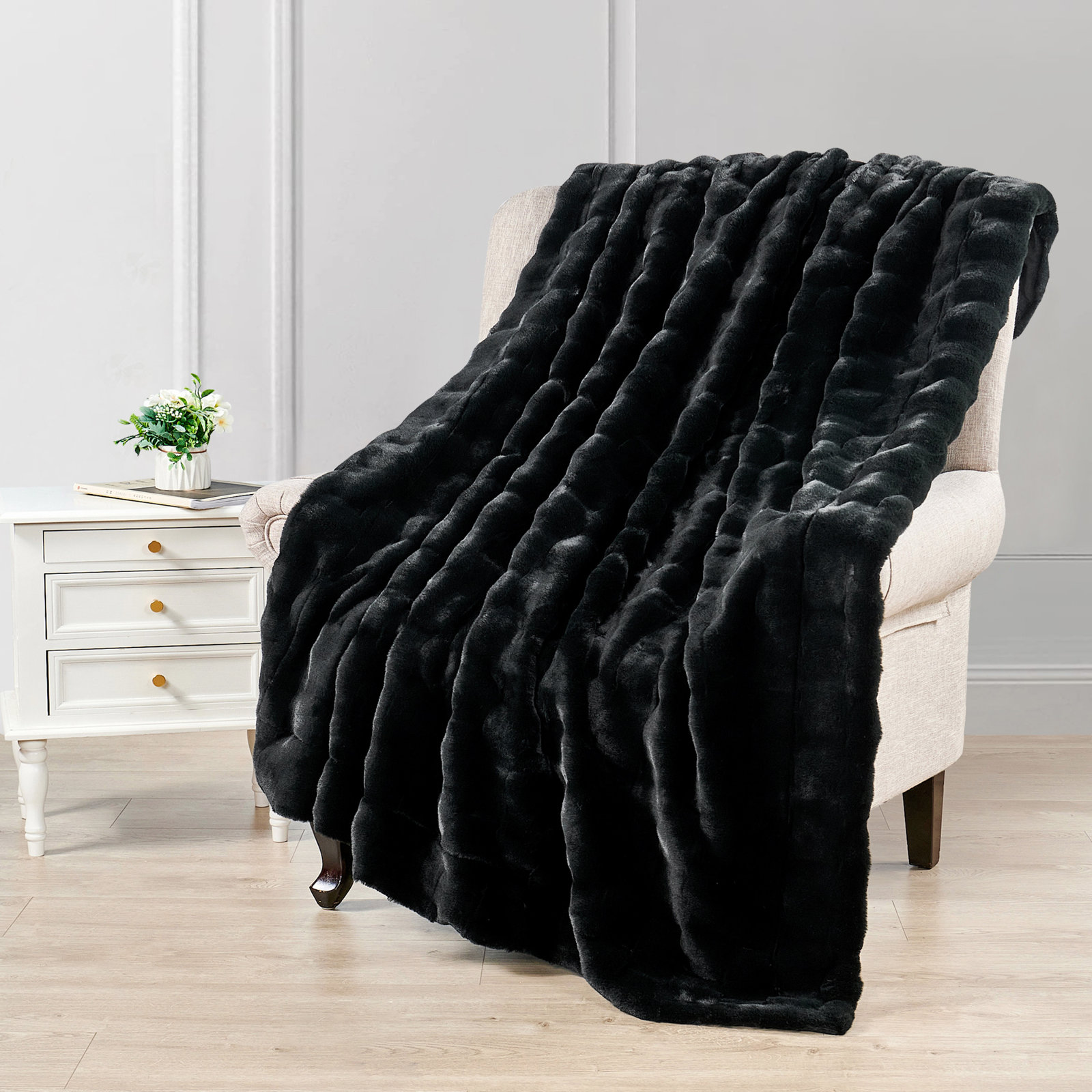 Biscoe Faux Fur Knitted Throw Blanket, Black, 50"W x 70"L