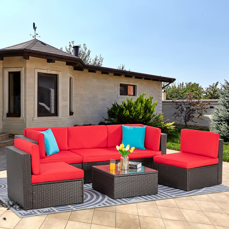 Arlynne Wicker 5 - Person Modular Patio Conversation Sets with Cushions, Red