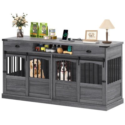 Meuble télé avec cage double pour chien de 183 cm (72 pouces) et rangement, style ferme, pour chien.