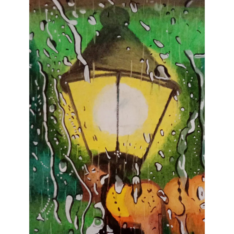 Lampadaire Rainfall | Pastel à l'huile sur papier | Par Kush Gupta