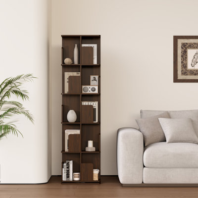 Bibliothèque rotative à 5 niveaux, petite bibliothèque d'angle pour petit espace, étagère de rangement sur pied à 360 écrans, étagère en bois étroite pour la chambre à coucher, le salon, noyer