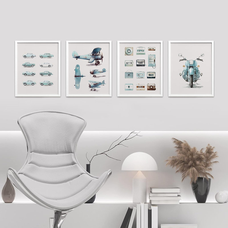 Rétro rétro, collage de voiture et avion 4 pièces, H 10 po x l 8 po x P 1 po, Cadre blanc