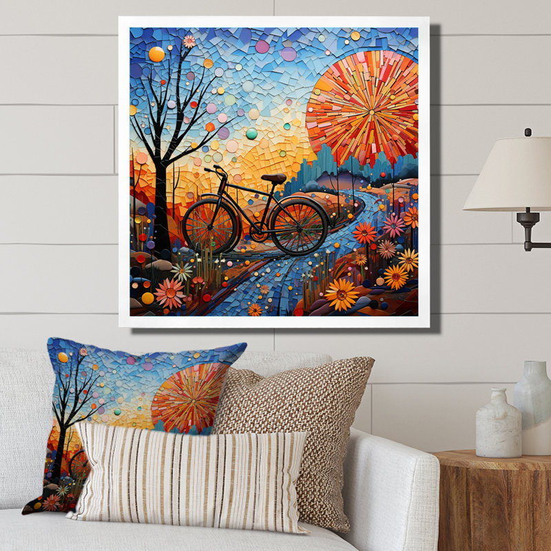 " Bicycle Mosaic Spokes Pointillism ", White Single Picture Framed, 16" H x 16" W x 1" D