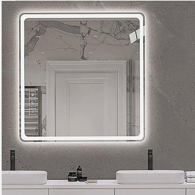 Miroir de comptoir de salle de bain 36 po x 36 po à DEL, miroir de maquillage mural sans brouillard avec lumière, miroir argenté sans cuivre de 5 mm, installation horizontale ou verticale