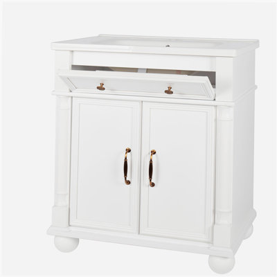 Lavabo de salle de bain 27,8 po Mid-Century avec colonne romaine, meuble-lavabo autoportant Farmhouse avec rangement, meuble-lavabo haut de gamme avec poignées en métal et structure en bois massif, blanc