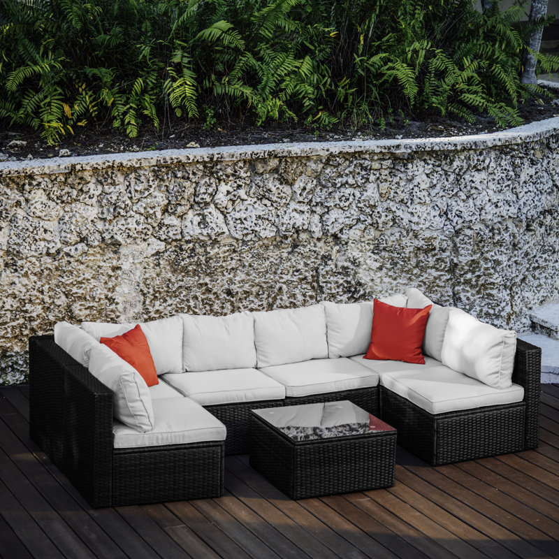 Ensemble de conversation d'extérieur Stijn pour 6 personnes avec coussins, Structure noire / coussin blanc cassé