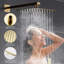 Système de douche avec bec de baignoire, ensemble de robinet de douche mural pour salle de bain avec pomme de douche à pluie de 12 pouces et ensemble de pomme de douche à main, or brossé