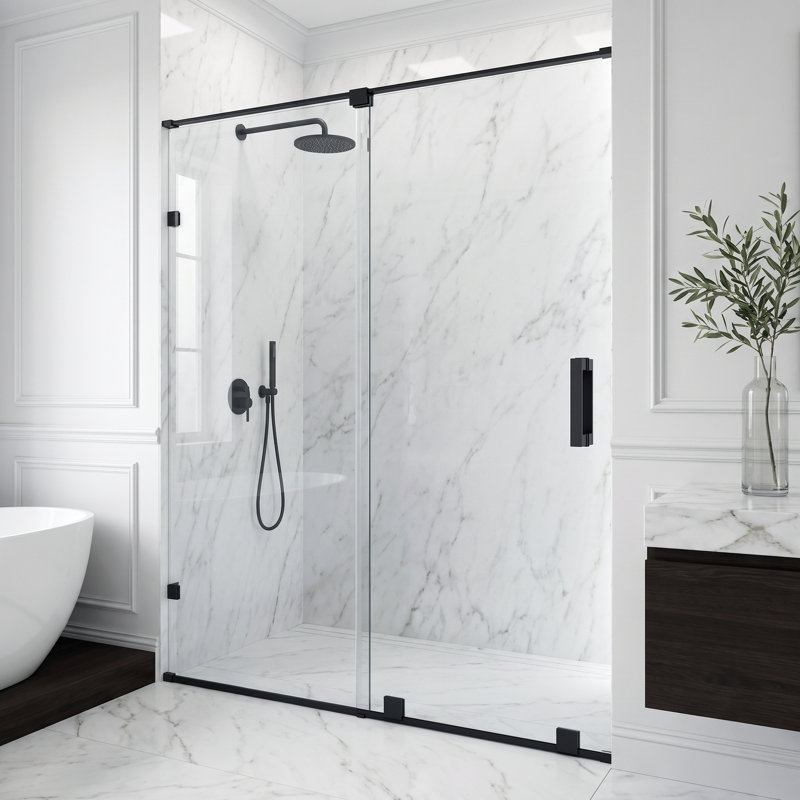 Porte de douche coulissante sans cadre avec verre transparent 3/8 po l 58-60 po x H 73 po Ryland, Noir mat