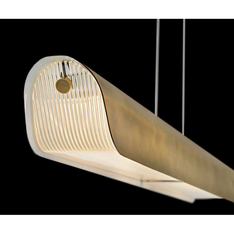 Arco Integrated LED Linear Chandelier w/ Heavy Clear Ribbed Glass, Heritage Brass