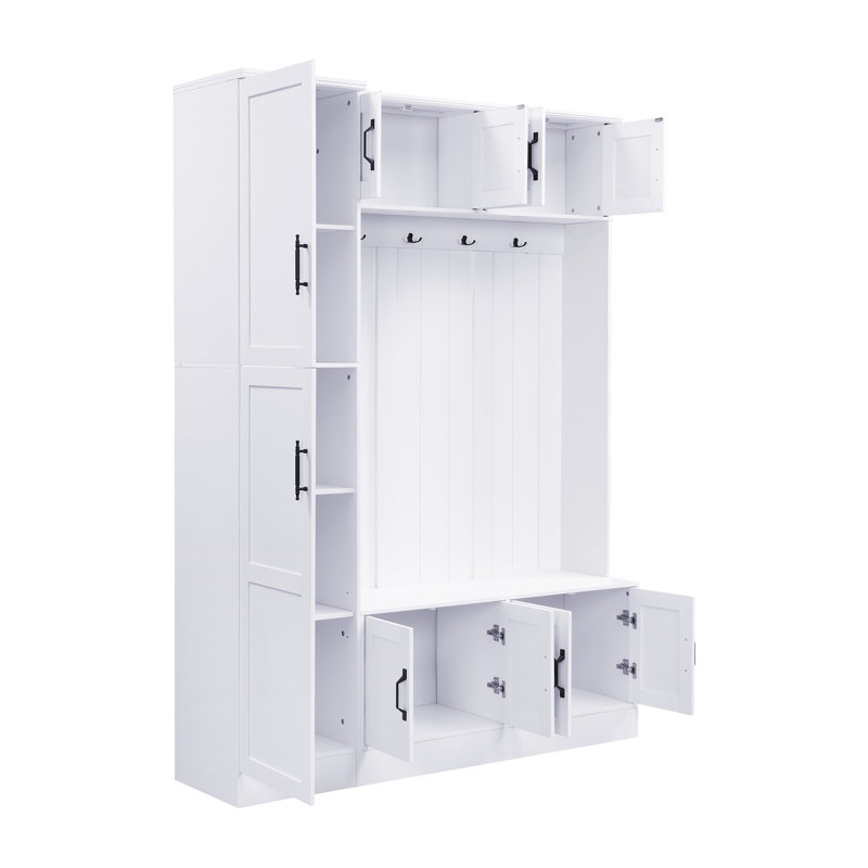 Modern Hall Tree With Spacious Mdf Storage, Adjustable White Bench For Entryway