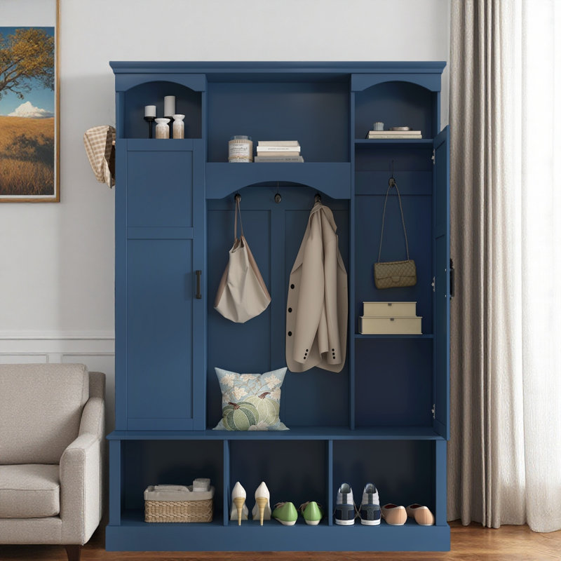 Modern Hall Tree With Adjustable Shelves, Side Cabinets, Top Compartments And Hooks, Blue