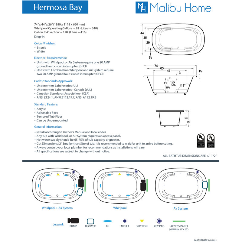 Hermosa 74" x 44" Drop In Combination Acrylic Bathtub, White