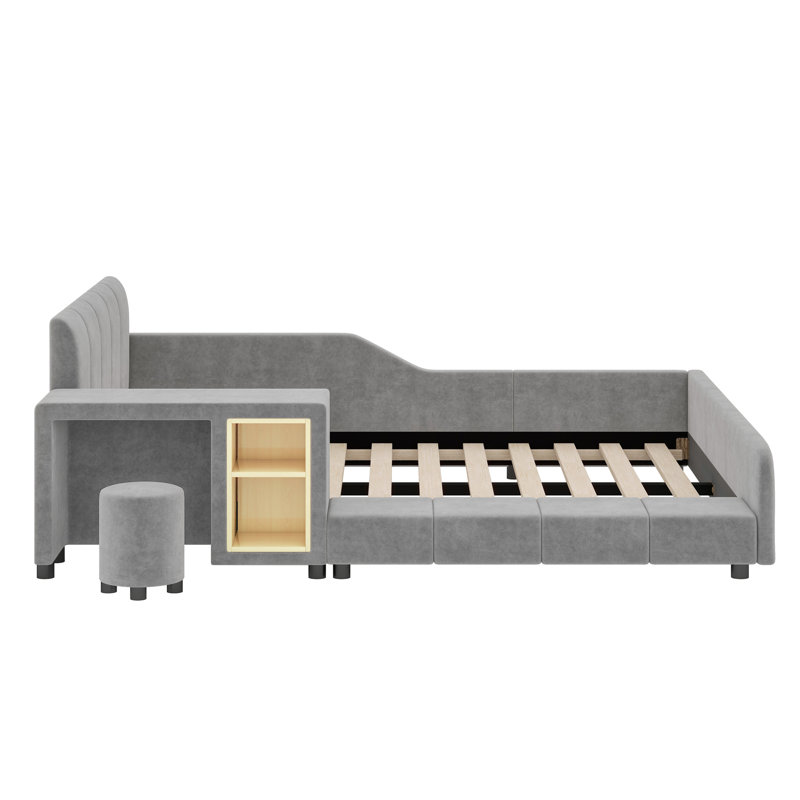 Upholstered Grounded Bed, Child Bed With Bedside Desk And Little Round Stool, Gray, Full