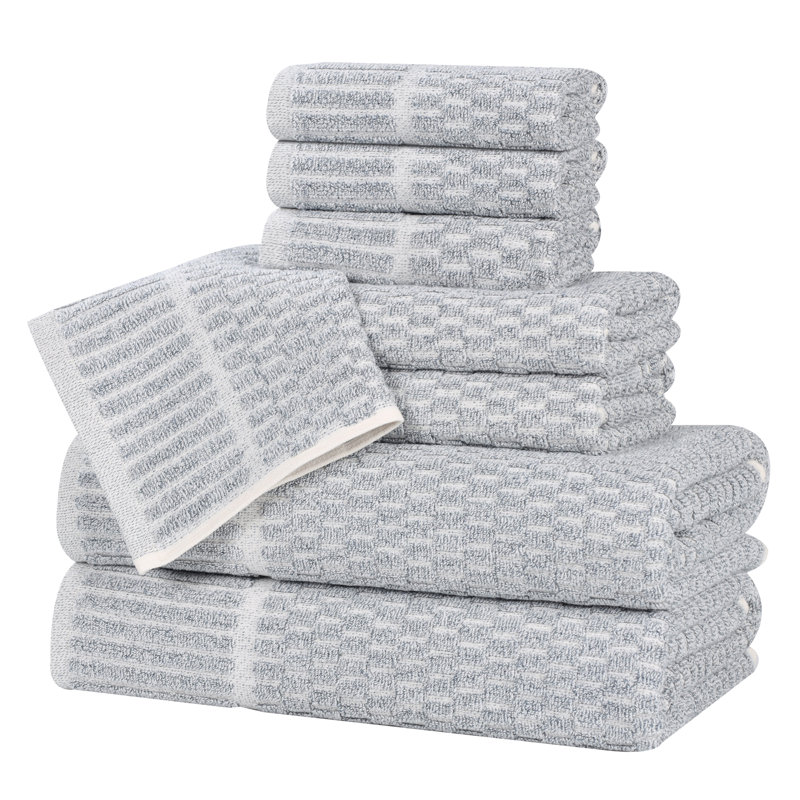 Juno Viscose Cotton Blend Medium Weight Textured Checkered Ribbed Border Towel Set, Denim Blue, 8 Piece Towel Set