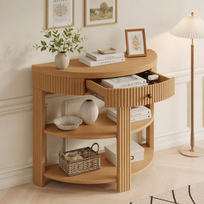 Fluted Half Moon Console Table with Drawer and 2 Shelves for Entryway, Living Room and Hallway