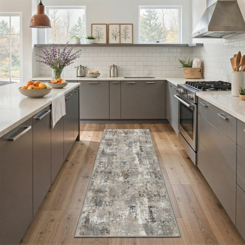 Mignone Ebon Abstract Machine Washable Grey / Brown Indoor Area Rug with Non-Slip Backing, Runner 2'6" x 8'
