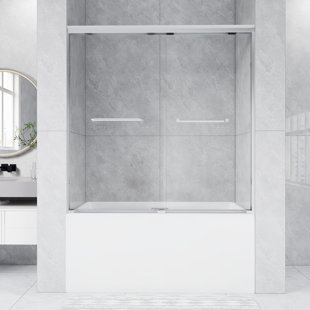 56-60 .In W X 60 .In H Double Sliding Shower Door With 1/4 Inch Thick Tempered Glass  In Gun Ash   | Aluminum Frame | Stainless Steel Handle | Explosion Proof Film