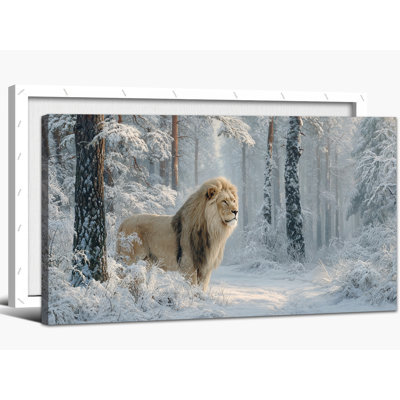 Grand art mural animal d'hiver - scène d'hiver sur toile de lion pour la décoration de la maison, décor animalier de forêt enneigée pour le salon, œuvre d'art encadrée en pin, 