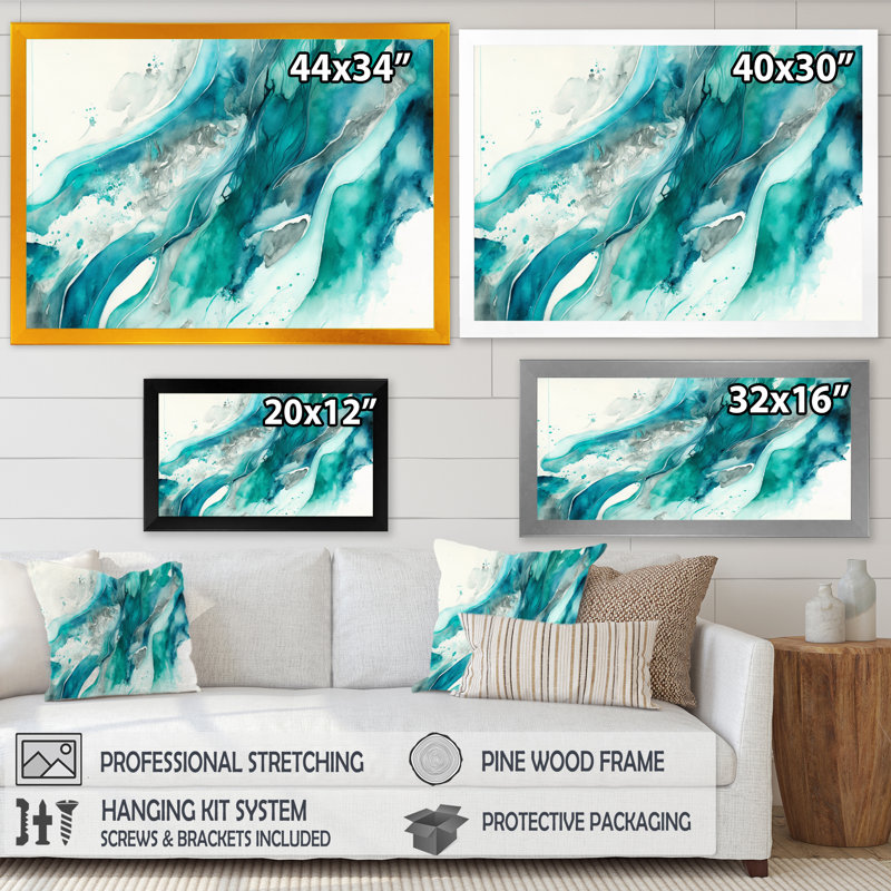 Turquoise Waves In Paradise I - Print, Gold Picture Frame Canvas, 16" H x 32" W x 1" D