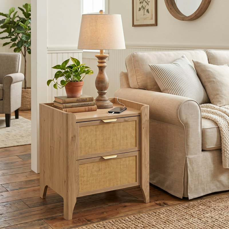 Rattan 2 Drawer Nightstand, Bedside Table with Storage Drawers, Night Stand for Bedroom, End Table or Side Table for Living Room, 15.5" D x 18.9" W x 21.7" H