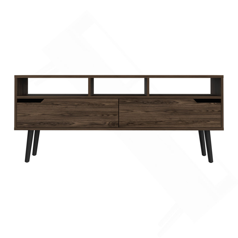 Nouveau meuble télé 2 tiroirs à 3 tablettes en noyer foncé, parfait pour le divertissement organisé et l'esthétique moderne.