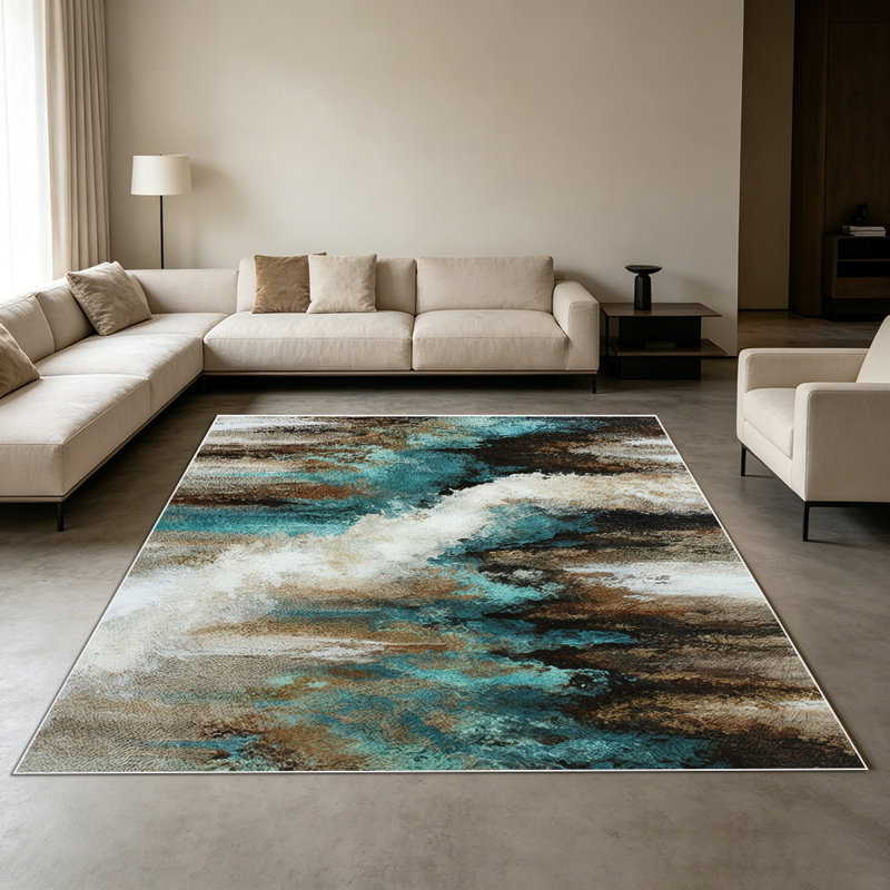 1PC Abstract Teal & Brown Cream Brushstroke Watercolor area rugs for Living Room, Soft and Comfortable, Suitable for all seasons, easy-to-maintain, machine washable Indoor floor mat, Under Table Farmhouse suitable for dining room, bedroom, entryway,