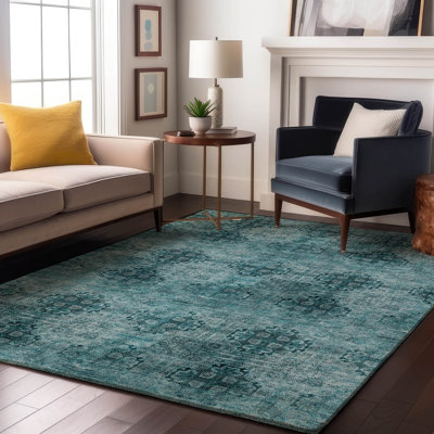 Premium Machine Washable Cerrito AMF557 Teal Rug