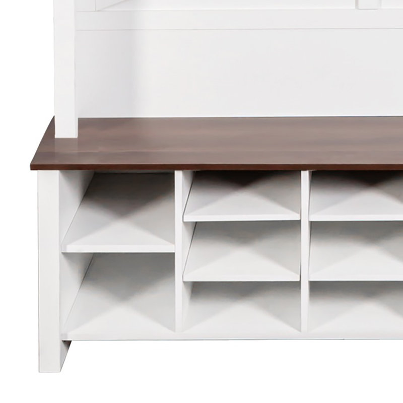 Grand portemanteau autoportant classique en bois avec compartiments de rangement ouverts et crochets, Blanc