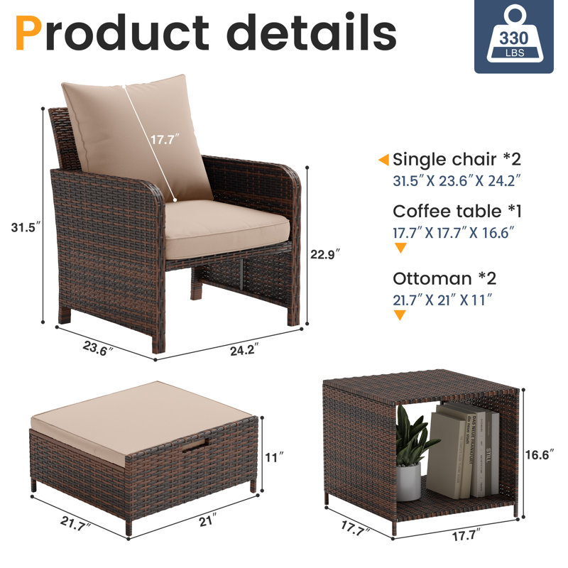 Billmont Wicker/Rattan 2 Person Seating Patio Conversation Sets With Ottoman,  Khaki Cushion/Brown Frame