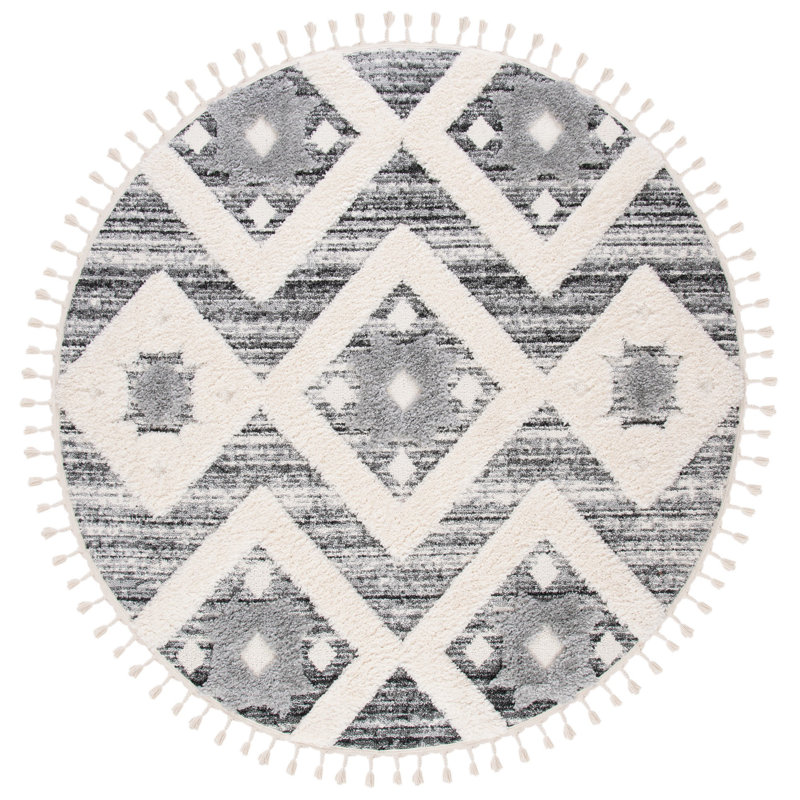 Tapis performance à poil long à pampilles à motif marocain, Rond 3 pi